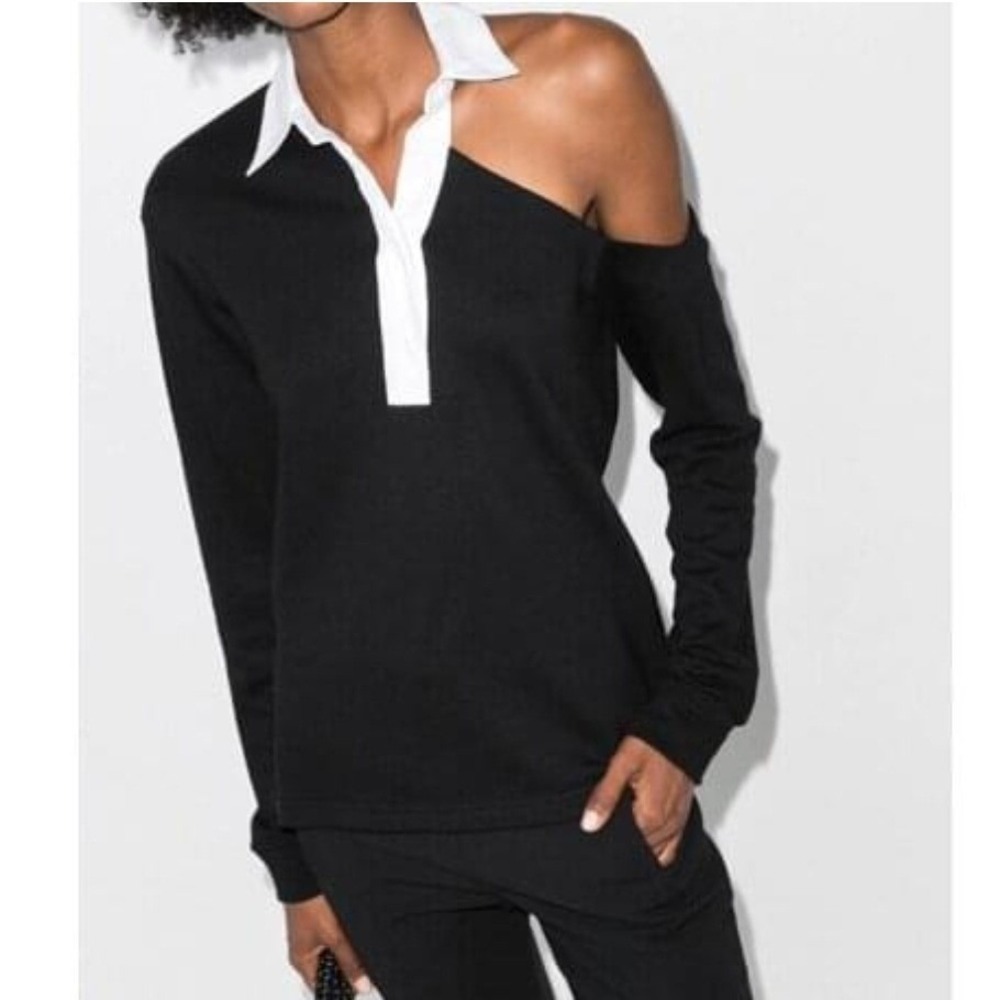 RtA Sweatshirt Womens Medium Black Cold Shoulder Contrast Polo Collar Pullover